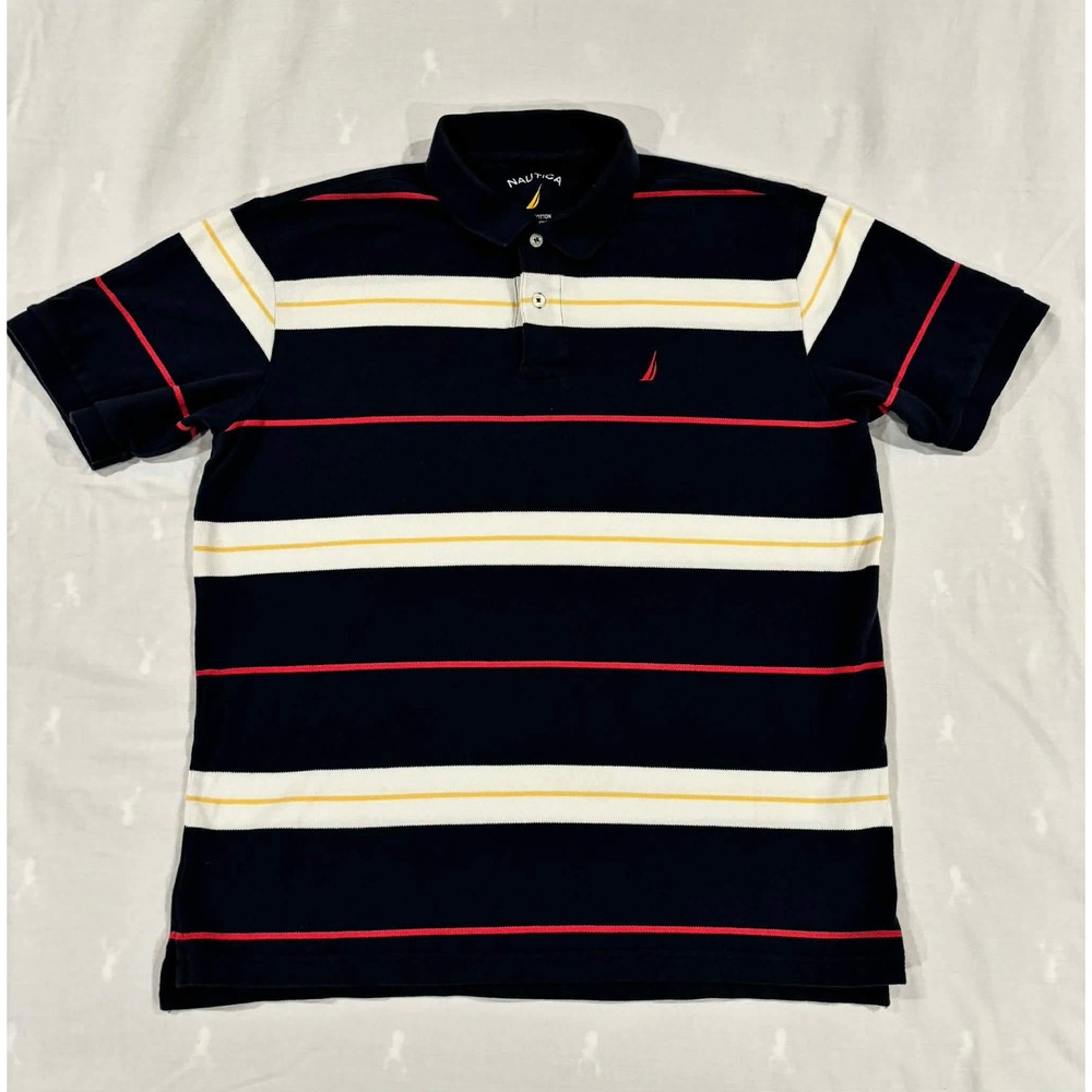 Nautica Mens Large Navy Blue Striped Short Sleeve Cotton Pique Polo Shirt L